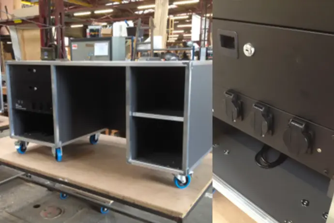 Comptoir mobile professionnel en mélaminé avec tiroirs verrouillables et alimentations intégrées